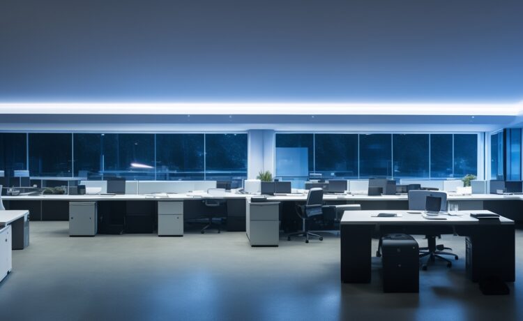 Ein hell erleuchtetes modernes Büro mit konzentriert lächelnden IT-Sicherheitsexperten vor mehreren Bildschirmen, die in natürlichem Tageslicht arbeiten und eine Atmosphäre von Vertrauen, Wachsamkeit und Gemeinschaft schaffen.