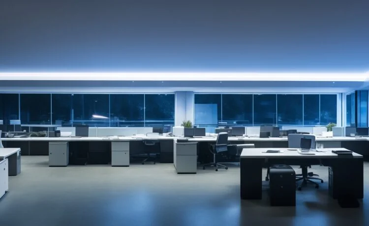 Ein hell erleuchtetes modernes Büro mit konzentriert lächelnden IT-Sicherheitsexperten vor mehreren Bildschirmen, die in natürlichem Tageslicht arbeiten und eine Atmosphäre von Vertrauen, Wachsamkeit und Gemeinschaft schaffen.