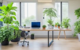 Ein strahlend helles Büro in natürlichem Tageslicht, in dem eine entspannte, freundliche Person konzentriert auf einem modernen Laptop im Online-Banking-Modus arbeitet, umgeben von warmen Holztönen und grünen Pflanzen, vermittelt Sicherheit und Achtsamkeit im digitalen Alltag.
