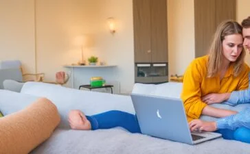 Eine warme, helle Szene eines konzentrierten jungen Erwachsenen an einem sonnendurchfluteten Schreibtisch, der engagiert auf einen Laptopbildschirm blickt, umgeben von moderner Alltagstechnik und subtilen Sicherheitshinweisen, die ein Gefühl von Achtsamkeit und digitaler Vorsicht vermitteln.