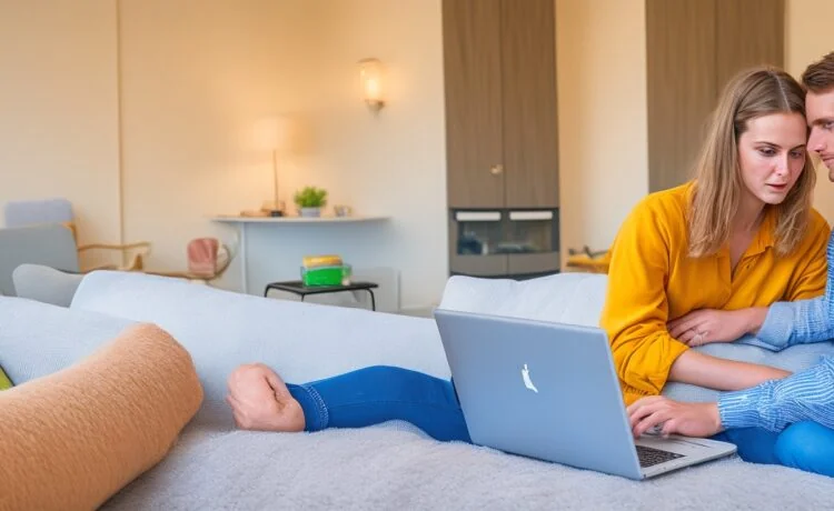 Eine warme, helle Szene eines konzentrierten jungen Erwachsenen an einem sonnendurchfluteten Schreibtisch, der engagiert auf einen Laptopbildschirm blickt, umgeben von moderner Alltagstechnik und subtilen Sicherheitshinweisen, die ein Gefühl von Achtsamkeit und digitaler Vorsicht vermitteln.