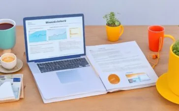 Ein heller, freundlich illuminierter moderner Arbeitsplatz mit einem aufgeschlagenen Laptop, auf dessen Bildschirm Diagramme und Webinhalte zu sehen sind, umgeben von Notizbüchern und einer tasse Kaffee, während weiches Tageslicht durch ein großes Fenster fällt und eine Atmosphäre von Innovation und digitaler Vernetzung vermittelt.