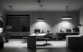 Ein hell erleuchtetes, modernes Büro mit warmem Tageslicht, in dem eine nachdenkliche Person vor mehreren Bildschirmen sitzt, die komplexe Daten und schematische Weltmodelle darstellen, während natürliche Pflanzen und minimalistische Technologie den Raum freundlich und einladend gestalten.