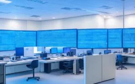 Ein hell erleuchteter, moderner IT-Arbeitsplatz mit konzentrierten DevOps-Profis vor mehreren Bildschirmen, die in angenehmem Tageslicht zusammenarbeiten und systematisch Sicherheitsupdates an Servern einspielen, während warme Holzelemente und dezente Pflanzen den Raum freundlich und vertrauensvoll wirken lassen.