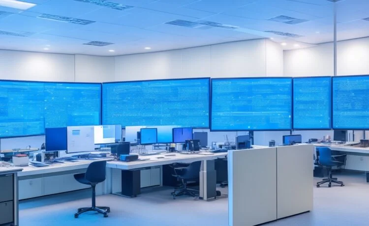 Ein hell erleuchteter, moderner IT-Arbeitsplatz mit konzentrierten DevOps-Profis vor mehreren Bildschirmen, die in angenehmem Tageslicht zusammenarbeiten und systematisch Sicherheitsupdates an Servern einspielen, während warme Holzelemente und dezente Pflanzen den Raum freundlich und vertrauensvoll wirken lassen.