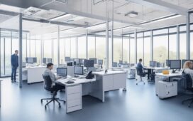 Ein strahlend helles Büro mit lächelnden Entwicklerinnen und Entwicklern in entspannter, produktiver Atmosphäre, die an modernen Computern mit komplexen Codes und transparenten Bildschirminhalten arbeiten, während warmes Tageslicht durch große Fenster fällt und eine harmonische, zukunftsorientierte Zusammenarbeit von Mensch und KI symbolisiert.