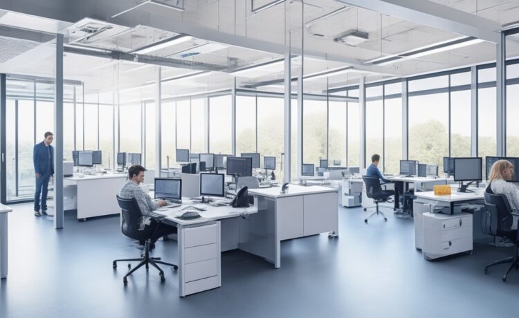 Ein strahlend helles Büro mit lächelnden Entwicklerinnen und Entwicklern in entspannter, produktiver Atmosphäre, die an modernen Computern mit komplexen Codes und transparenten Bildschirminhalten arbeiten, während warmes Tageslicht durch große Fenster fällt und eine harmonische, zukunftsorientierte Zusammenarbeit von Mensch und KI symbolisiert.