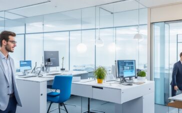 In einem sonnendurchfluteten Büro setzen engagierte Ingenieur:innen mit moderner Technik und Bauplänen den Grundstein für Europas digitalen Fortschritt durch den Glasfaserausbau – strahlende Gesichter spiegeln Zuversicht und Teamgeist wider.