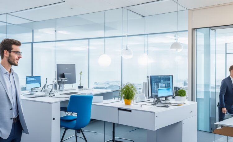 In einem sonnendurchfluteten Büro setzen engagierte Ingenieur:innen mit moderner Technik und Bauplänen den Grundstein für Europas digitalen Fortschritt durch den Glasfaserausbau – strahlende Gesichter spiegeln Zuversicht und Teamgeist wider.