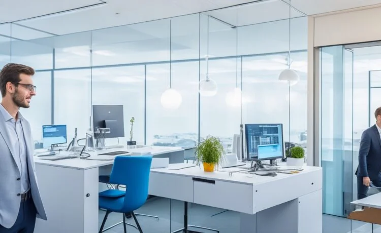 In einem sonnendurchfluteten Büro setzen engagierte Ingenieur:innen mit moderner Technik und Bauplänen den Grundstein für Europas digitalen Fortschritt durch den Glasfaserausbau – strahlende Gesichter spiegeln Zuversicht und Teamgeist wider.