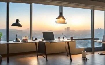 Ein heller, freundlicher Arbeitsplatz mit modernem Laptop und futuristischen technischen Geräten, warmes Sonnenlicht fällt durch große Fenster auf konzentrierte Entwicklerhände, die an effizienter KI-Hardware arbeiten – ein einladendes, realistisches Bild für den technologischen Fortschritt und die offene Innovation der GLM-Sprachmodelle.