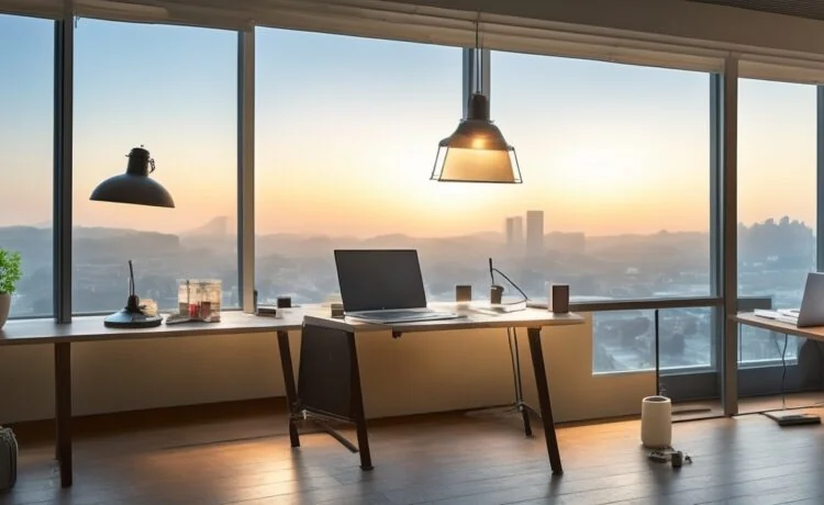 Ein heller, freundlicher Arbeitsplatz mit modernem Laptop und futuristischen technischen Geräten, warmes Sonnenlicht fällt durch große Fenster auf konzentrierte Entwicklerhände, die an effizienter KI-Hardware arbeiten – ein einladendes, realistisches Bild für den technologischen Fortschritt und die offene Innovation der GLM-Sprachmodelle.