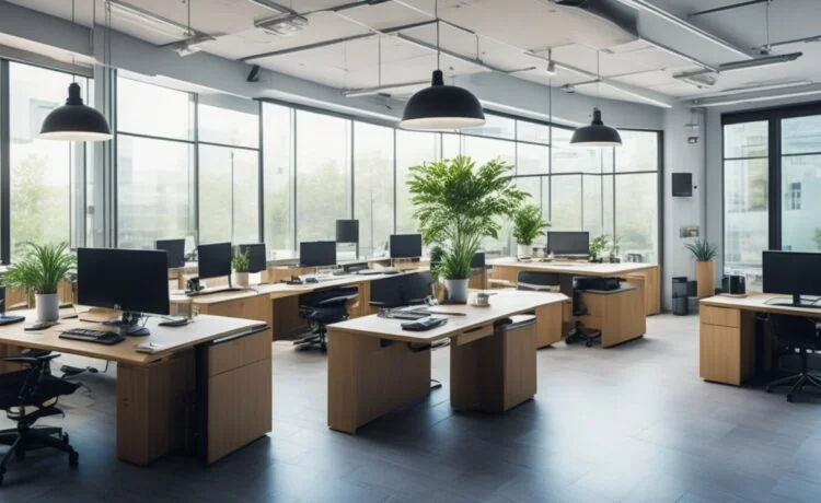 Ein warm beleuchtetes, modernes Büro mit mehreren Laptops und Bildschirmen, auf denen digitale Karten und Codes zu sehen sind, während fokussierte Fachleute in entspannter Atmosphäre angeregt zusammenarbeiten und so die globale Cybersicherheit und geopolitische Spannung atmosphärisch einfangen.