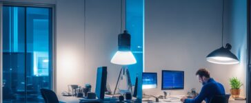 Ein lebhaftes, hell erleuchtetes Büro mit einer konzentrierten Person, die an einem Laptop sitzt und mit sorgsamem Blick die Sicherheitseinstellungen ihres Gmail-Kontos überprüft, umgeben von warmen Sonnenstrahlen und einer einladenden, freundlichen Atmosphäre.