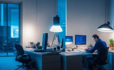 Ein lebhaftes, hell erleuchtetes Büro mit einer konzentrierten Person, die an einem Laptop sitzt und mit sorgsamem Blick die Sicherheitseinstellungen ihres Gmail-Kontos überprüft, umgeben von warmen Sonnenstrahlen und einer einladenden, freundlichen Atmosphäre.