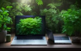 Eine helle, natürlich beleuchtete Szene zeigt eine freundliche Person vor einem modernen Laptop, die konzentriert und entspannt in einem warmen, gemütlichen Raum mit lebendigen Pflanzen und sanften Holztönen arbeitet, wobei der Ausdruck von Vertrauen und achtsamer Kontrolle über digitale Privatsphäre spürbar ist.