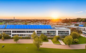 Ein freundliches, lichtdurchflutetes Panorama eines modernen Rechenzentrums-Campus bei Morgenlicht, mit glänzenden Glasfassaden, grünen Solarpaneelen auf den Dächern und einem im Vordergrund entspannten Team von IT-Experten in legerer Business-Kleidung, das konzentriert am Tablet über innovative Cloud- und KI-Technologien diskutiert, wodurch ein Bild nachhaltiger Hightech-Entwicklung und zukunftsweisender Investitionen entsteht.