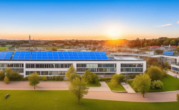 Ein freundliches, lichtdurchflutetes Panorama eines modernen Rechenzentrums-Campus bei Morgenlicht, mit glänzenden Glasfassaden, grünen Solarpaneelen auf den Dächern und einem im Vordergrund entspannten Team von IT-Experten in legerer Business-Kleidung, das konzentriert am Tablet über innovative Cloud- und KI-Technologien diskutiert, wodurch ein Bild nachhaltiger Hightech-Entwicklung und zukunftsweisender Investitionen entsteht.
