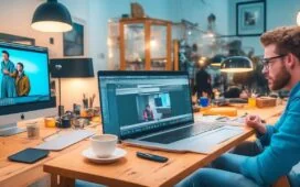 Ein heller, freundlicher Arbeitsplatz mit einem modernen Laptop, auf dem kollaborativ an einem KI-gestützten Videoprojekt gearbeitet wird, umgeben von entspannten, engagierten Kreativen in natürlichem Tageslicht, die begeistert Ideen austauschen.