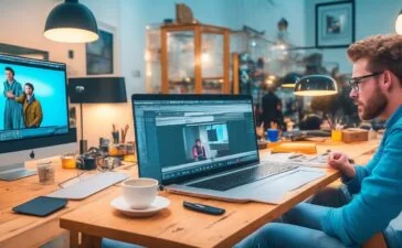 Ein heller, freundlicher Arbeitsplatz mit einem modernen Laptop, auf dem kollaborativ an einem KI-gestützten Videoprojekt gearbeitet wird, umgeben von entspannten, engagierten Kreativen in natürlichem Tageslicht, die begeistert Ideen austauschen.