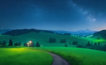 Ein strahlend sonnendurchflutetes Luftbild einer vielfältigen Landschaft aus Städten, grünen Wäldern und sanft glitzernden Flüssen, aufgenommen in natürlichem Licht mit scharfen Details, das die dynamische Verbindung von moderner Technologie und Umwelt zeigt und eine hoffnungsvolle, warmherzige Stimmung für die Zukunft intelligenter Erdbeobachtung vermittelt.