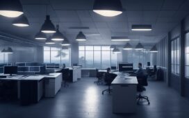 In einem hell erleuchteten, modernen Büro sitzt ein konzentrierter Entwickler vor mehreren Bildschirmen mit lebendigen 3D-Visualisierungen, umgeben von natürlichem Tageslicht und warmen Holztönen, die eine Atmosphäre von Fortschritt, Innovation und menschlicher Neugier ausstrahlen.