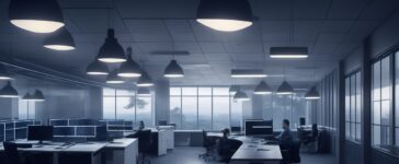In einem hell erleuchteten, modernen Büro sitzt ein konzentrierter Entwickler vor mehreren Bildschirmen mit lebendigen 3D-Visualisierungen, umgeben von natürlichem Tageslicht und warmen Holztönen, die eine Atmosphäre von Fortschritt, Innovation und menschlicher Neugier ausstrahlen.