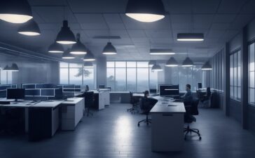 In einem hell erleuchteten, modernen Büro sitzt ein konzentrierter Entwickler vor mehreren Bildschirmen mit lebendigen 3D-Visualisierungen, umgeben von natürlichem Tageslicht und warmen Holztönen, die eine Atmosphäre von Fortschritt, Innovation und menschlicher Neugier ausstrahlen.
