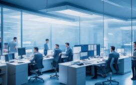 Ein strahlend beleuchtetes, modernes Büro mit einem entspannten Team aus vielseitig konzentrierten Fachleuten unterschiedlicher Herkunft, die an transparenten Bildschirmen mit komplexen KI-Daten und Sicherheitsprotokollen arbeiten, umgeben von natürlichem Tageslicht und warmen Holzakzenten, das Vertrauen und die zukunftsorientierte Verantwortung im Umgang mit der nächsten KI-Generation visuell einfängt.