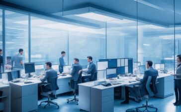 Ein strahlend beleuchtetes, modernes Büro mit einem entspannten Team aus vielseitig konzentrierten Fachleuten unterschiedlicher Herkunft, die an transparenten Bildschirmen mit komplexen KI-Daten und Sicherheitsprotokollen arbeiten, umgeben von natürlichem Tageslicht und warmen Holzakzenten, das Vertrauen und die zukunftsorientierte Verantwortung im Umgang mit der nächsten KI-Generation visuell einfängt.