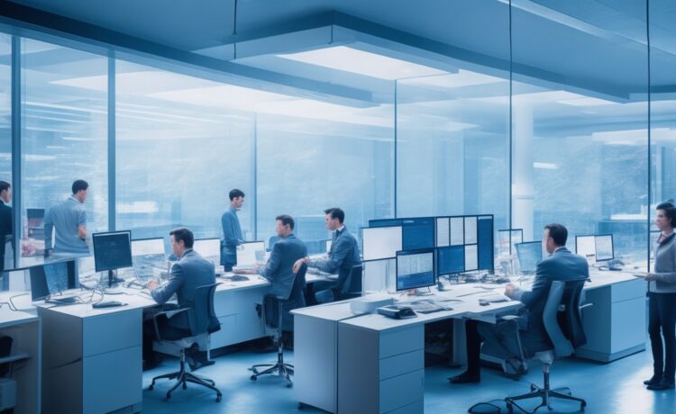 Ein strahlend beleuchtetes, modernes Büro mit einem entspannten Team aus vielseitig konzentrierten Fachleuten unterschiedlicher Herkunft, die an transparenten Bildschirmen mit komplexen KI-Daten und Sicherheitsprotokollen arbeiten, umgeben von natürlichem Tageslicht und warmen Holzakzenten, das Vertrauen und die zukunftsorientierte Verantwortung im Umgang mit der nächsten KI-Generation visuell einfängt.