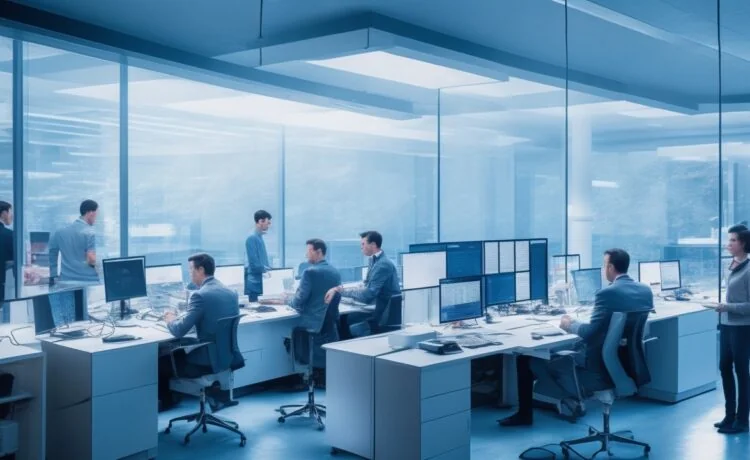 Ein strahlend beleuchtetes, modernes Büro mit einem entspannten Team aus vielseitig konzentrierten Fachleuten unterschiedlicher Herkunft, die an transparenten Bildschirmen mit komplexen KI-Daten und Sicherheitsprotokollen arbeiten, umgeben von natürlichem Tageslicht und warmen Holzakzenten, das Vertrauen und die zukunftsorientierte Verantwortung im Umgang mit der nächsten KI-Generation visuell einfängt.
