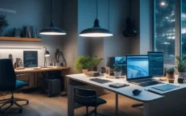 Ein strahlend heller, moderner Arbeitsplatz mit einem aufgeschlagenen Laptop, auf dessen Bildschirm komplexe Textzeilen und Datenmodelle erkennbar sind, umgeben von warmem Tageslicht, das eine freundliche, einladende Atmosphäre schafft und die faszinierende Verschmelzung von Technologie und menschlicher Zugänglichkeit lebendig widerspiegelt.