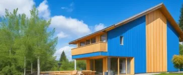Ein sonnendurchfluteter, moderner Holzbau mit sichtbarer Brettsperrholz-Struktur, umgeben von grünen Pflanzen, strahlt warme Natürlichkeit und technische Innovation aus, während im Glas die Reflexion eines klaren blauen Himmels und nachhaltiger Hightech-Elemente die Symbiose von umweltfreundlichem Bauen und Digitalisierung eindrucksvoll einfängt.
