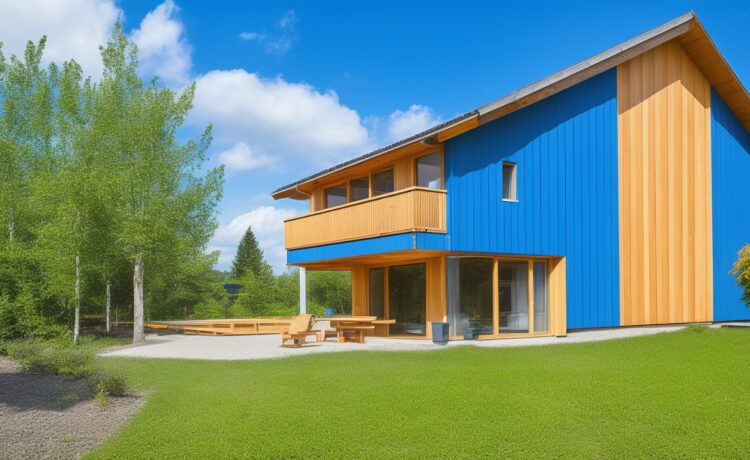 Ein sonnendurchfluteter, moderner Holzbau mit sichtbarer Brettsperrholz-Struktur, umgeben von grünen Pflanzen, strahlt warme Natürlichkeit und technische Innovation aus, während im Glas die Reflexion eines klaren blauen Himmels und nachhaltiger Hightech-Elemente die Symbiose von umweltfreundlichem Bauen und Digitalisierung eindrucksvoll einfängt.
