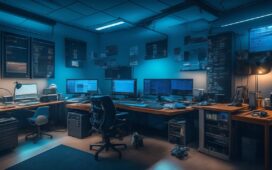 Ein hell erleuchtetes, modernes Arbeitszimmer mit einem konzentriert am Laptop arbeitenden jungen Hacker, umgeben von warmem Tageslicht und subtilen Details wie geöffneten Codefenstern auf dem Bildschirm und technischen Gadgets, das eine Atmosphäre von engagierter Entschlossenheit und stiller Heldenhaftigkeit ausstrahlt.