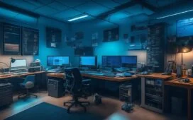 Ein hell erleuchtetes, modernes Arbeitszimmer mit einem konzentriert am Laptop arbeitenden jungen Hacker, umgeben von warmem Tageslicht und subtilen Details wie geöffneten Codefenstern auf dem Bildschirm und technischen Gadgets, das eine Atmosphäre von engagierter Entschlossenheit und stiller Heldenhaftigkeit ausstrahlt.