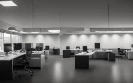 Ein hell erleuchtetes Büro mit natürlichem Tageslicht, in dem ein kreativ arbeitendes Team an großen Bildschirmen und Skizzen die harmonische Balance von Webdesign-Elementen diskutiert, umgeben von aufgeräumtem, minimalistischem Interieur und warmen Holztönen, die eine freundliche und inspirierende Arbeitsatmosphäre schaffen.