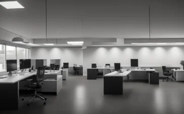 Ein hell erleuchtetes Büro mit natürlichem Tageslicht, in dem ein kreativ arbeitendes Team an großen Bildschirmen und Skizzen die harmonische Balance von Webdesign-Elementen diskutiert, umgeben von aufgeräumtem, minimalistischem Interieur und warmen Holztönen, die eine freundliche und inspirierende Arbeitsatmosphäre schaffen.