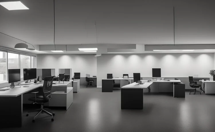 Ein hell erleuchtetes Büro mit natürlichem Tageslicht, in dem ein kreativ arbeitendes Team an großen Bildschirmen und Skizzen die harmonische Balance von Webdesign-Elementen diskutiert, umgeben von aufgeräumtem, minimalistischem Interieur und warmen Holztönen, die eine freundliche und inspirierende Arbeitsatmosphäre schaffen.