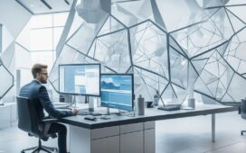 Ein heller, einladender Arbeitsplatz mit einem engagierten Softwareentwickler, der vor einem modernen Monitor sitzt, auf dem ein komplexes hexagonales Architekturdiagramm in warmem Tageslicht klar erkennbar ist, während im Hintergrund helle Holzmöbel und Pflanzen eine gemütliche Atmosphäre schaffen.