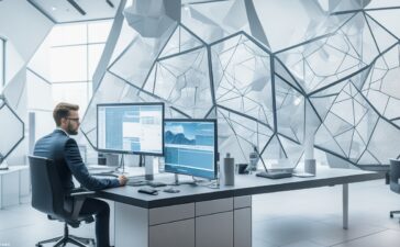 Ein heller, einladender Arbeitsplatz mit einem engagierten Softwareentwickler, der vor einem modernen Monitor sitzt, auf dem ein komplexes hexagonales Architekturdiagramm in warmem Tageslicht klar erkennbar ist, während im Hintergrund helle Holzmöbel und Pflanzen eine gemütliche Atmosphäre schaffen.