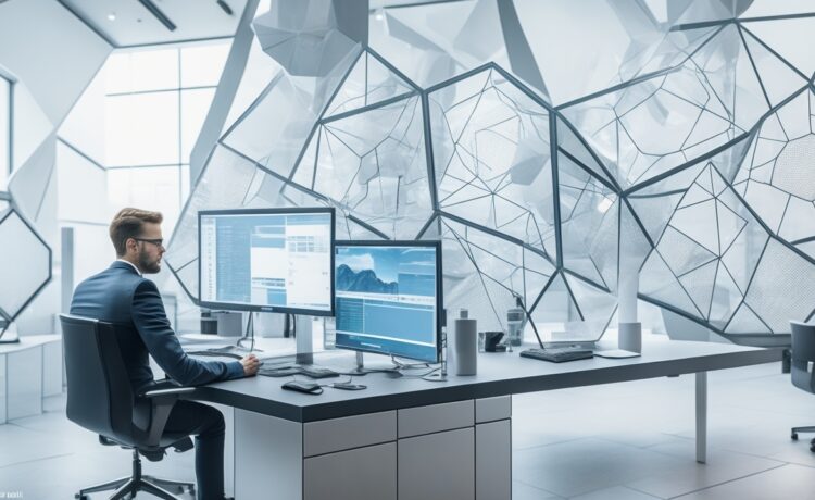 Ein heller, einladender Arbeitsplatz mit einem engagierten Softwareentwickler, der vor einem modernen Monitor sitzt, auf dem ein komplexes hexagonales Architekturdiagramm in warmem Tageslicht klar erkennbar ist, während im Hintergrund helle Holzmöbel und Pflanzen eine gemütliche Atmosphäre schaffen.