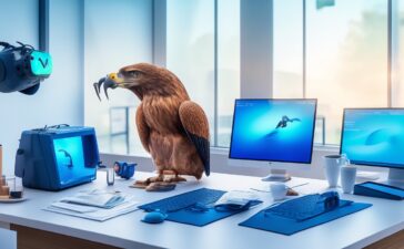 Ein lichtdurchflutetes, modernes Büro mit einer entspannten Person, die elegant die schlanke HTC Vive Eagle Wearable-Datenbrille trägt und dabei mit einem herzlichen Lächeln visuell unterstützte Inhalte erlebt, während warmes Tageslicht durch große Fenster fällt und eine Atmosphäre von Innovation, intelligenter Vernetzung und optimistischer Produktivität schafft.