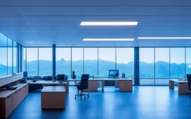Ein hell erleuchtetes, modern eingerichtetes Büro mit entspannt lächelnden Webentwicklern vor großen Bildschirmen voller Code, das warme Sonnenlicht durch große Fenster fällt und die Atmosphäre von Fortschritt und technischem Austausch in einer harmonischen Gemeinschaft einfängt.