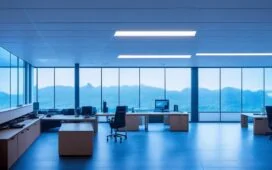 Ein hell erleuchtetes, modern eingerichtetes Büro mit entspannt lächelnden Webentwicklern vor großen Bildschirmen voller Code, das warme Sonnenlicht durch große Fenster fällt und die Atmosphäre von Fortschritt und technischem Austausch in einer harmonischen Gemeinschaft einfängt.