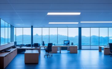 Ein hell erleuchtetes, modern eingerichtetes Büro mit entspannt lächelnden Webentwicklern vor großen Bildschirmen voller Code, das warme Sonnenlicht durch große Fenster fällt und die Atmosphäre von Fortschritt und technischem Austausch in einer harmonischen Gemeinschaft einfängt.