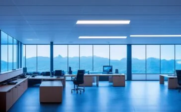 Ein hell erleuchtetes, modern eingerichtetes Büro mit entspannt lächelnden Webentwicklern vor großen Bildschirmen voller Code, das warme Sonnenlicht durch große Fenster fällt und die Atmosphäre von Fortschritt und technischem Austausch in einer harmonischen Gemeinschaft einfängt.