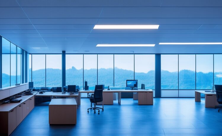 Ein hell erleuchtetes, modern eingerichtetes Büro mit entspannt lächelnden Webentwicklern vor großen Bildschirmen voller Code, das warme Sonnenlicht durch große Fenster fällt und die Atmosphäre von Fortschritt und technischem Austausch in einer harmonischen Gemeinschaft einfängt.