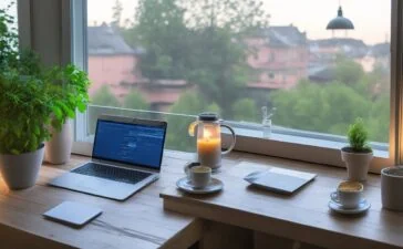 Ein heller, freundlich beleuchteter Arbeitsplatz mit einem modernen Laptop auf einem Holzschreibtisch, vor einem großen Fenster mit warmem Tageslicht, dazu eine sorgsam arrangierte Tasse Kaffee und frische Pflanzen, die eine Atmosphäre von Vertrauen, transparenter Technologie und achtsamem Umgang mit digitalen Daten ausstrahlen.